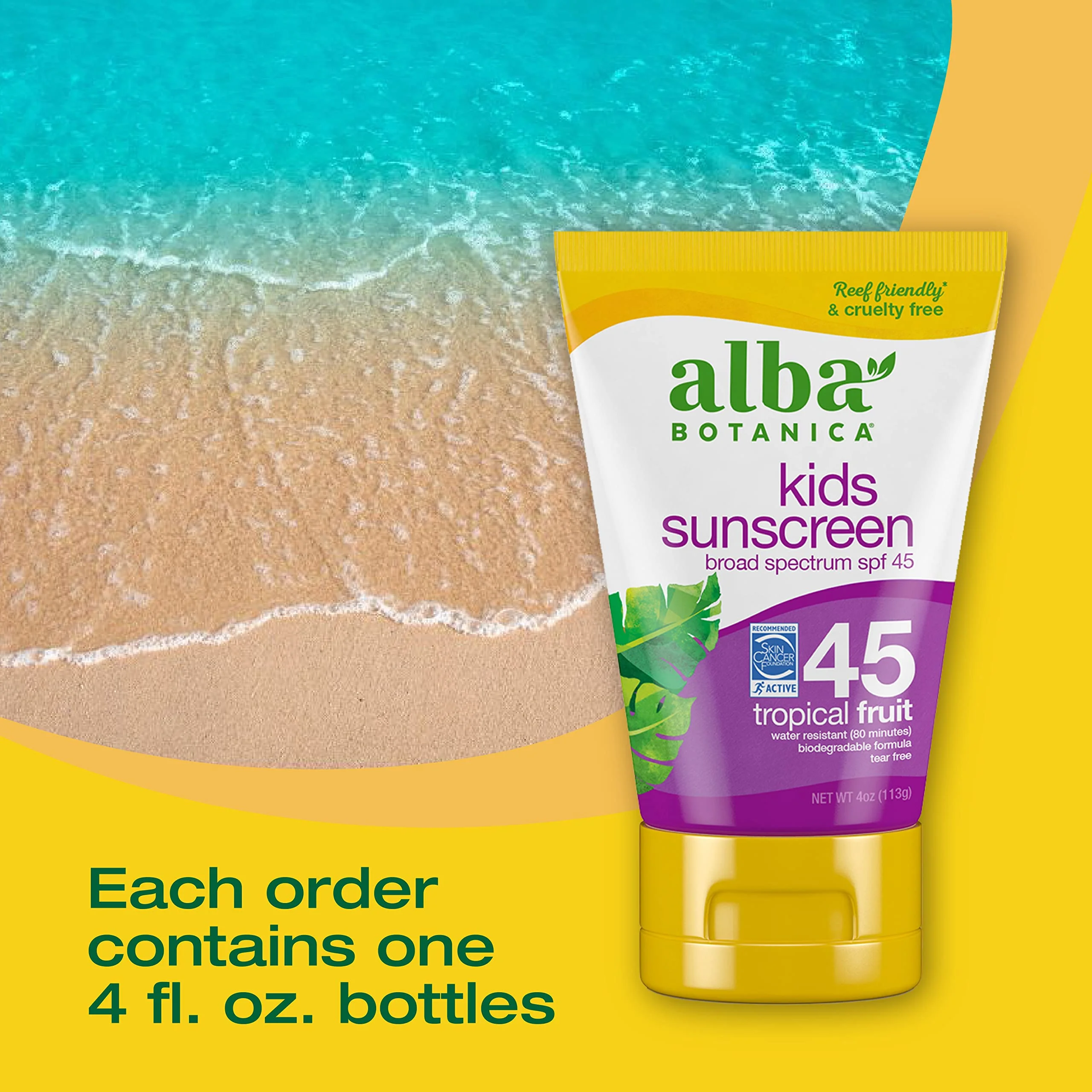 Alba Botanica Kids Sunscreen Lotion, SPF 45, Tropical Fruit, 4 Oz (Packaging May Vary)