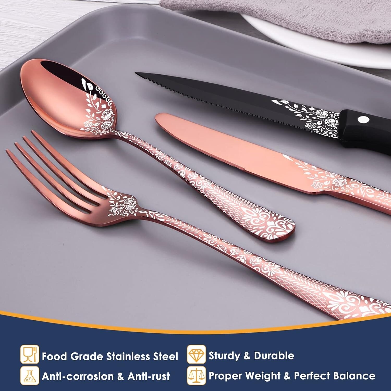 24-piece Flatware Set, Unique Pattern Design Rose Gold