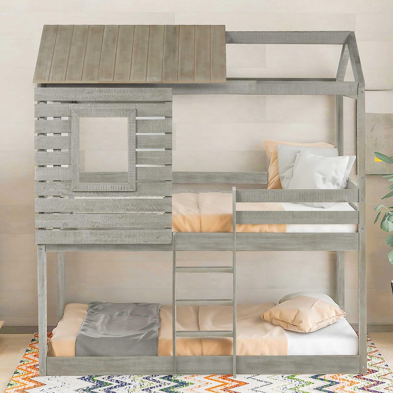 House Bunk Beds For Kids, Floor Bunk Beds Over , Wood Bunk Bed With Roof And Guardrail, Kids Bunk Beds For Girls, Boys,Teens, No Box Spring Needed, Antique Grey