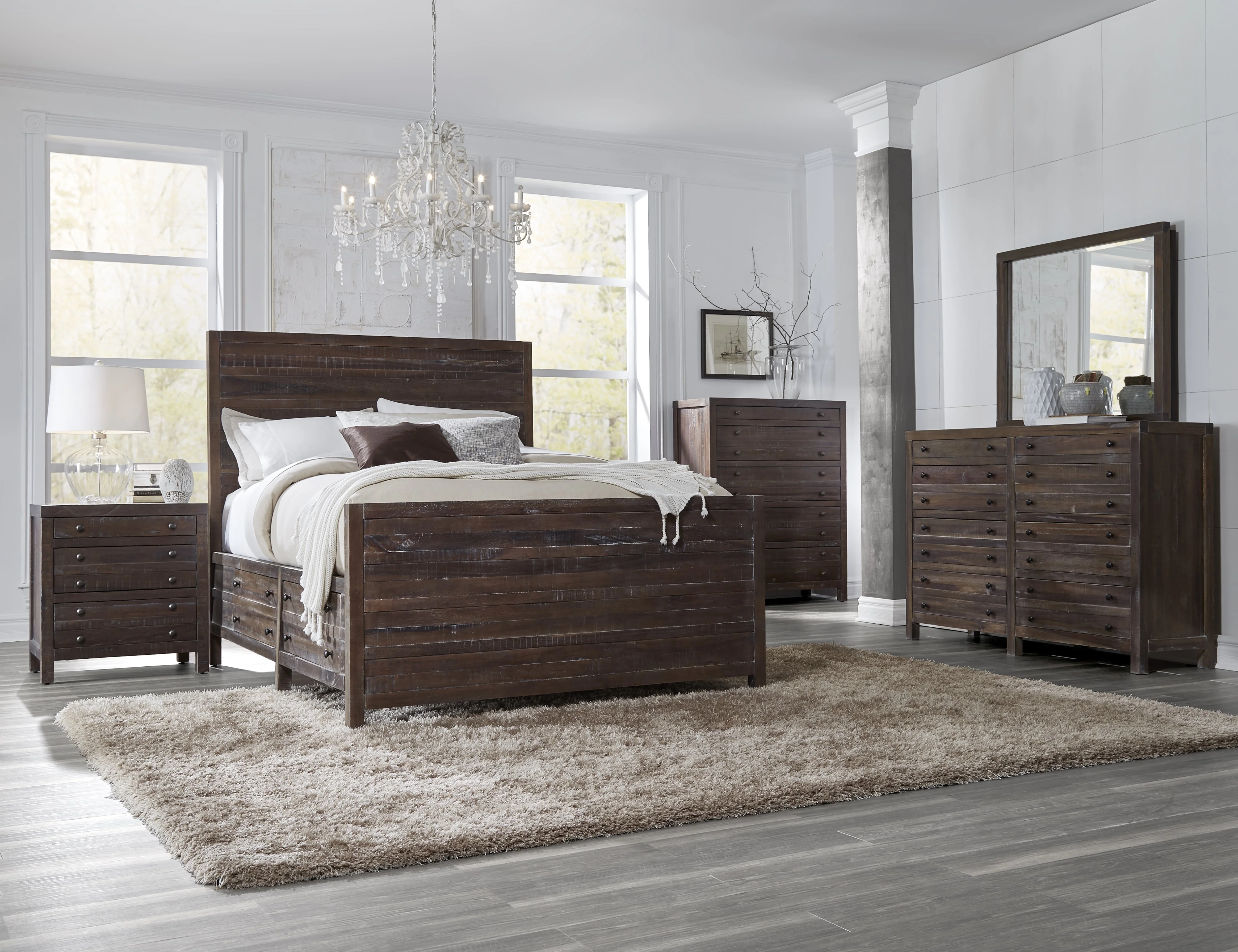 Tempton 5PC E King Storage Bed, Nightstand, Dresser, Mirror & Chest Set in Coffee Brown