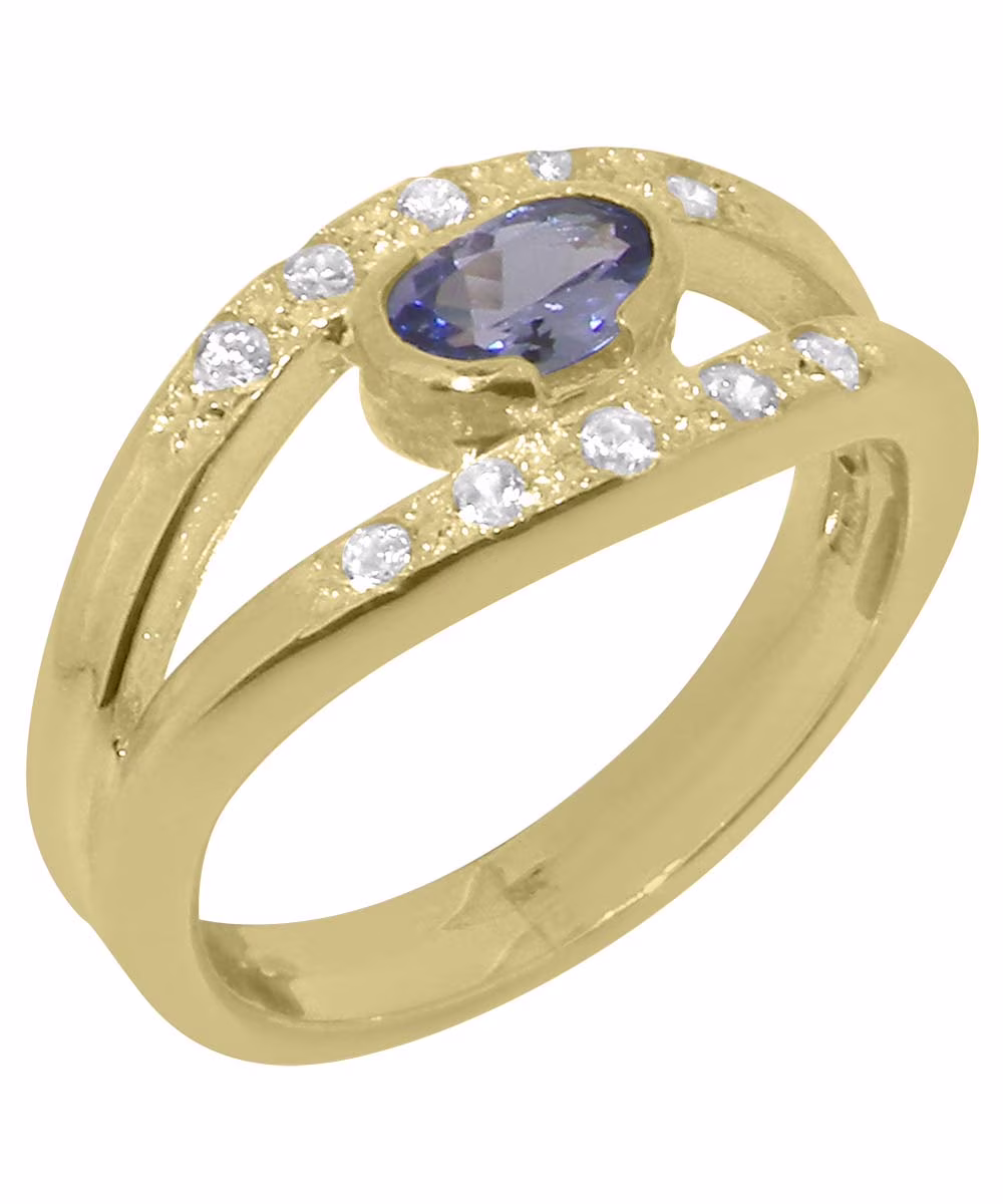 LBG British Made 18k Yellow Gold Natural Tanzanite & Diamond Womens Band Ring - 33 size options - Size 8.5