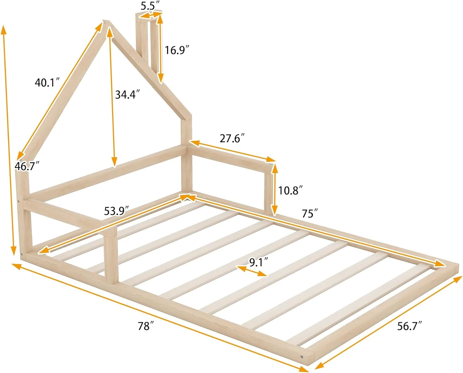 Full Size Floor Bed Wih House-Shaped Headboard, Full Monessori Floor Bed Frame,Full Plaform Bed,Full House Bed For Kids eens Girls Boys,No Box Spring Needed (Naural)