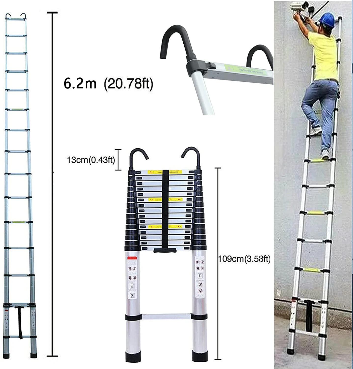 Telescoping Ladder Multi-Purpose Ladder Aluminum Telescopic Ladder 20.34 ft Heavy Duty Commercial Crade 330 Lb Capacity for Household Daily Loft Compact Button Retraction with Detachable Hook-6.2m