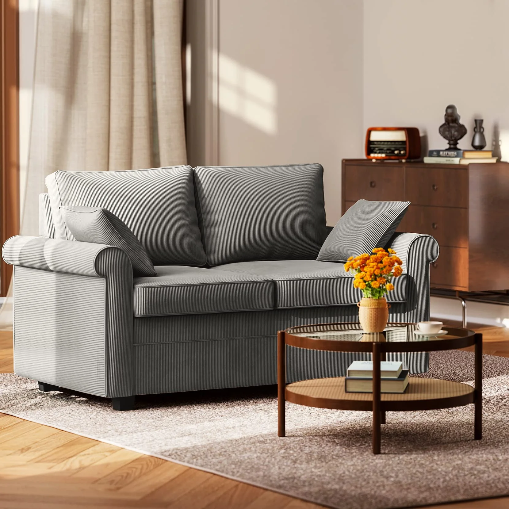 2 in 1 Upholstered Sofa Bed, 2 Seater Loveseat Couch Sleeper, Neche Corduroy Fabric Pull Out Memory Foam Mattress Futon, Gray