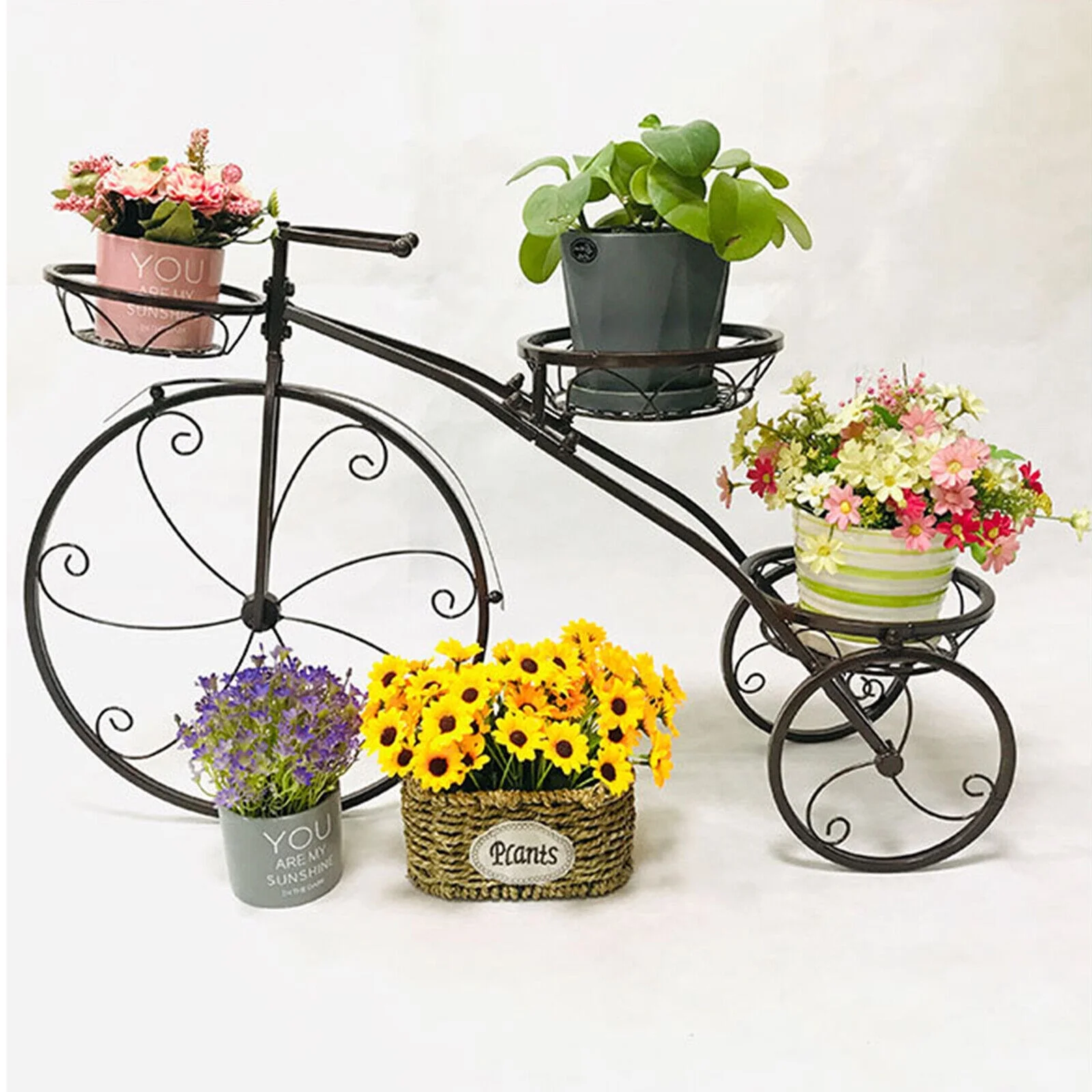 FETCOI Tricycle Plant Stand Flower 3 Pots Cart Holder Planter Rack Display Garden Patio