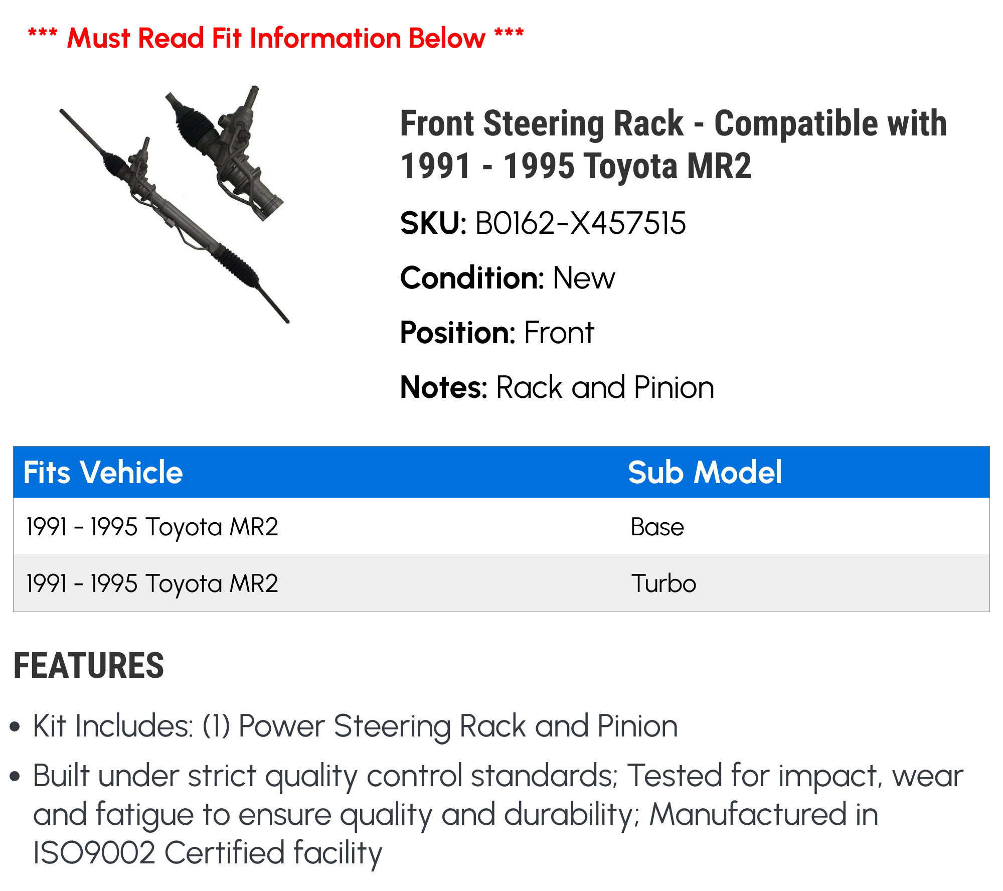 Front Steering Rack - Compatible with 1991 - 1995 Toyota MR2 1992 1993 1994