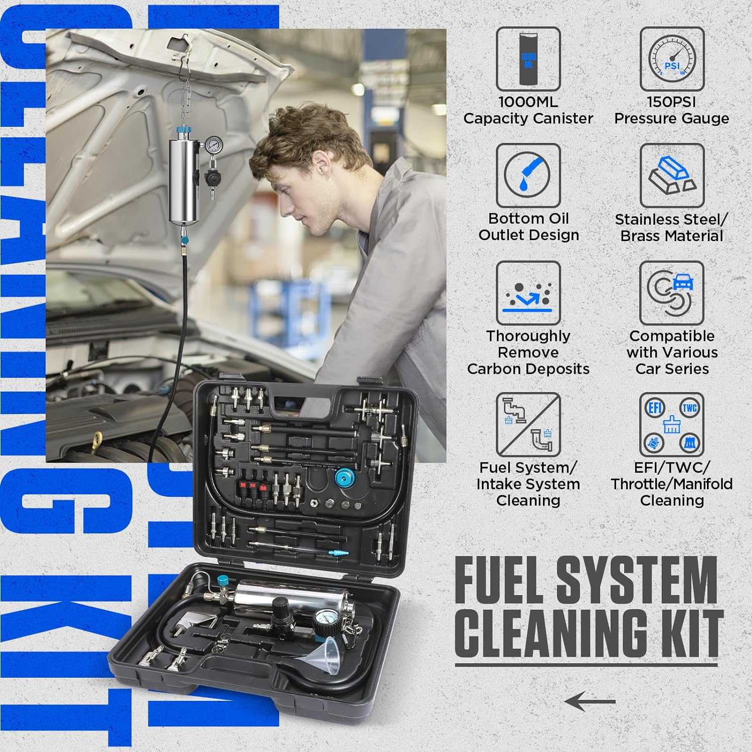 MIXFEER Fuel Injector Cleaner Tool Kit, 1200ml 140PSI Non-Dismantle Car Fuel Injection System Cleaner Tester Tool for Gasoline Car Throttle/Intake System