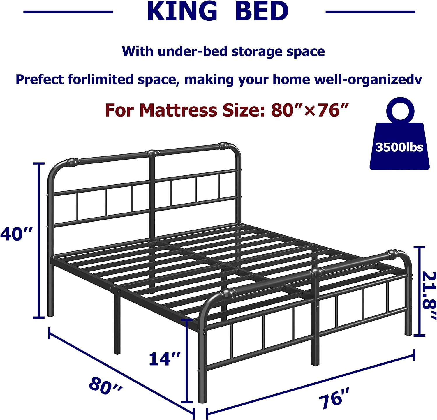 Uliesc 14 Inch King Size Bed Frame with Headboard and Footboard  No Box Spring Needed Heavy Duty Metal Platform  Premium Steel Slat Mattress Foundation with Storage  Noise Free Iron-Art B