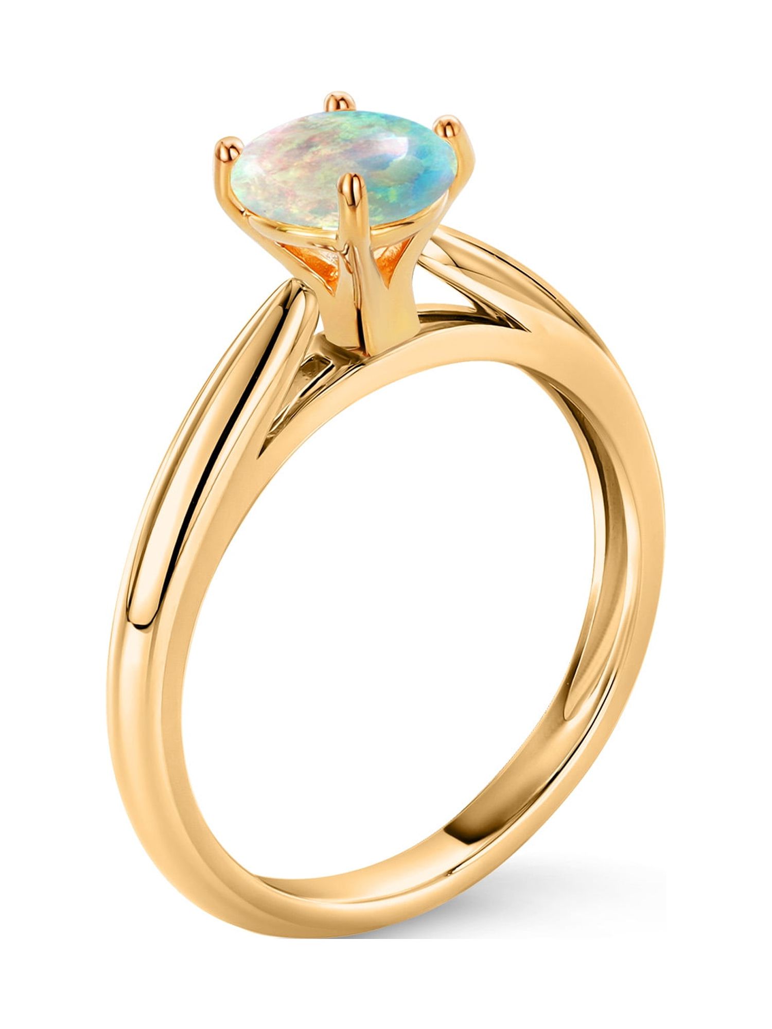 Gem Stone King 1.00 Ct Round Cabochon White Simulated Opal 10K Yellow Gold Solitaire Engagement Ring