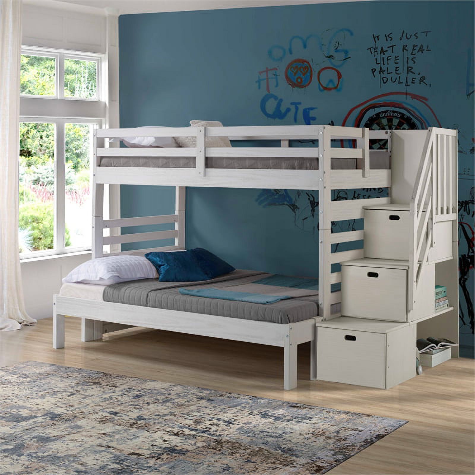 My Bed Now Everest Twin-over-Full Wood Bunk Bed with Staircase in White Mist