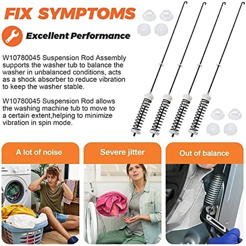 4 Pcs Washer Suspension Rod Kit W10780045 W10821956 for Whirlpool Kenmore Admiral Amana