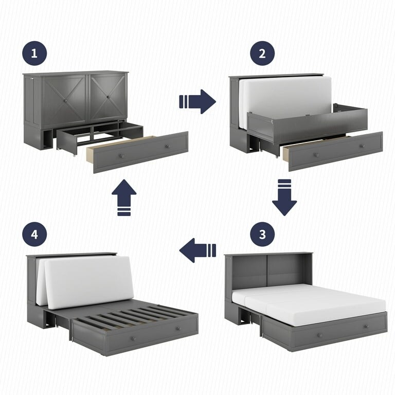 Mixoy Murphy Bed with Charging Station, Cube Cabinet Chest Bed with Mattress Grey - Queen