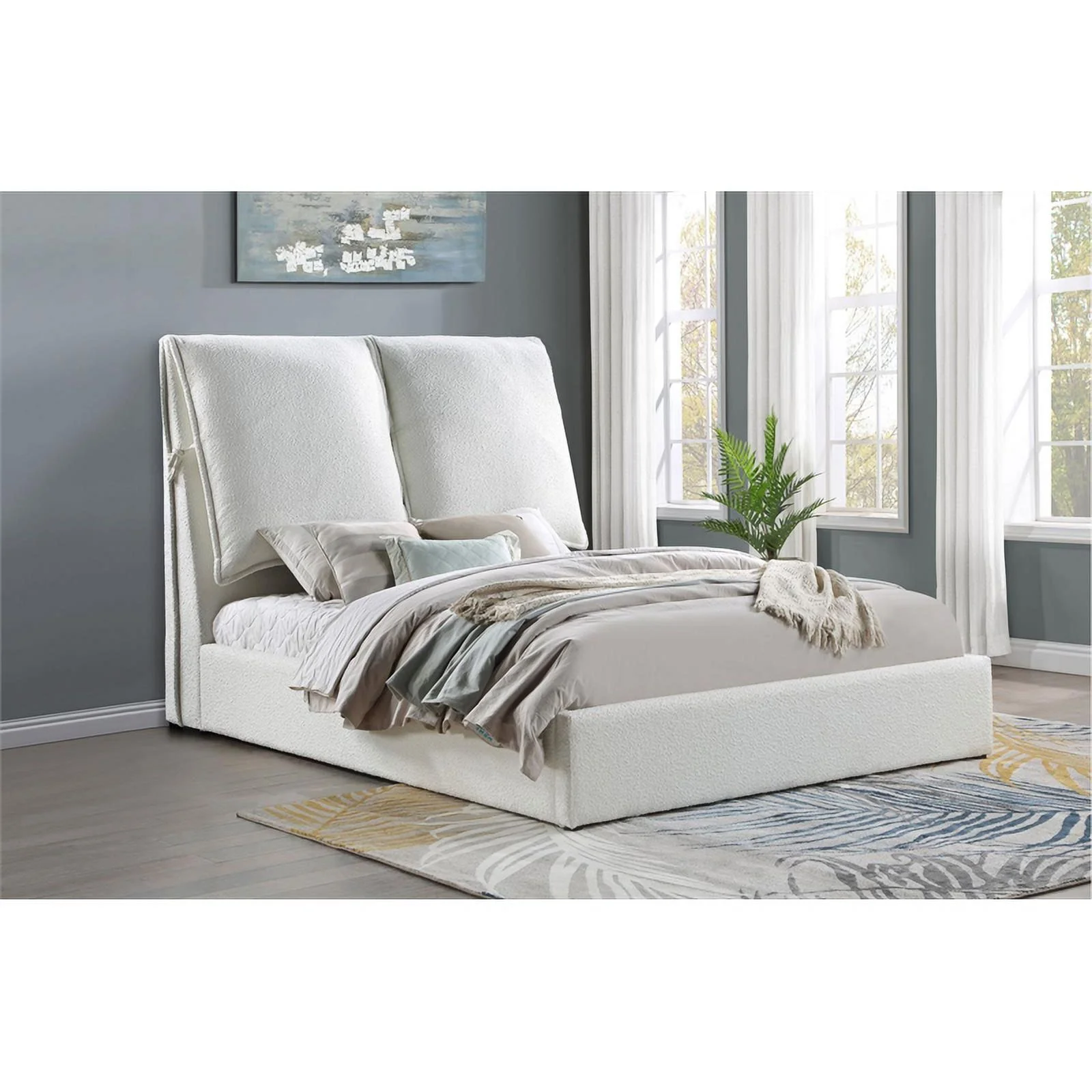 Maklaine Fabric Upholstered Pillow Headboard Queen Bed in White