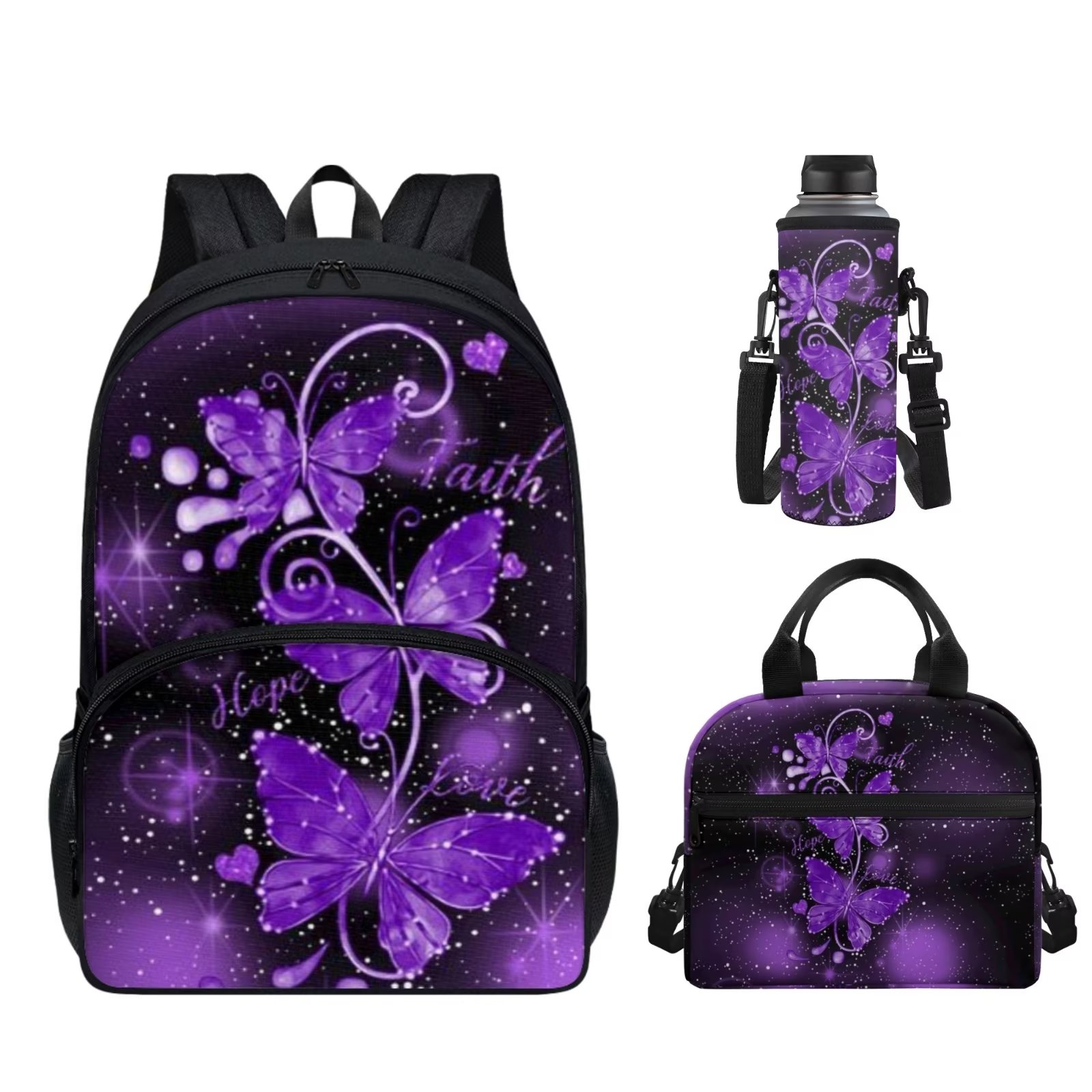 Suhoaziia Purple Butterfly School Bag Set of 3 for School Students Girls,Water Bottle Cover+Insulation Lunch Holder,Breathable Shoulder Backpacks with Side Mesh Pocket