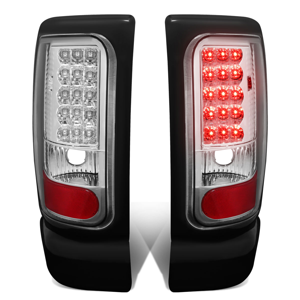 DNA Motoring TL-DRAM94-LED-CH-CL For 1994 to 2002 Dodge Ram 1500 / 2500 / 3500 Pair of Chrome Housing Clear Lens LED Tail Brake Lights 95 96 97 98 99 00 01