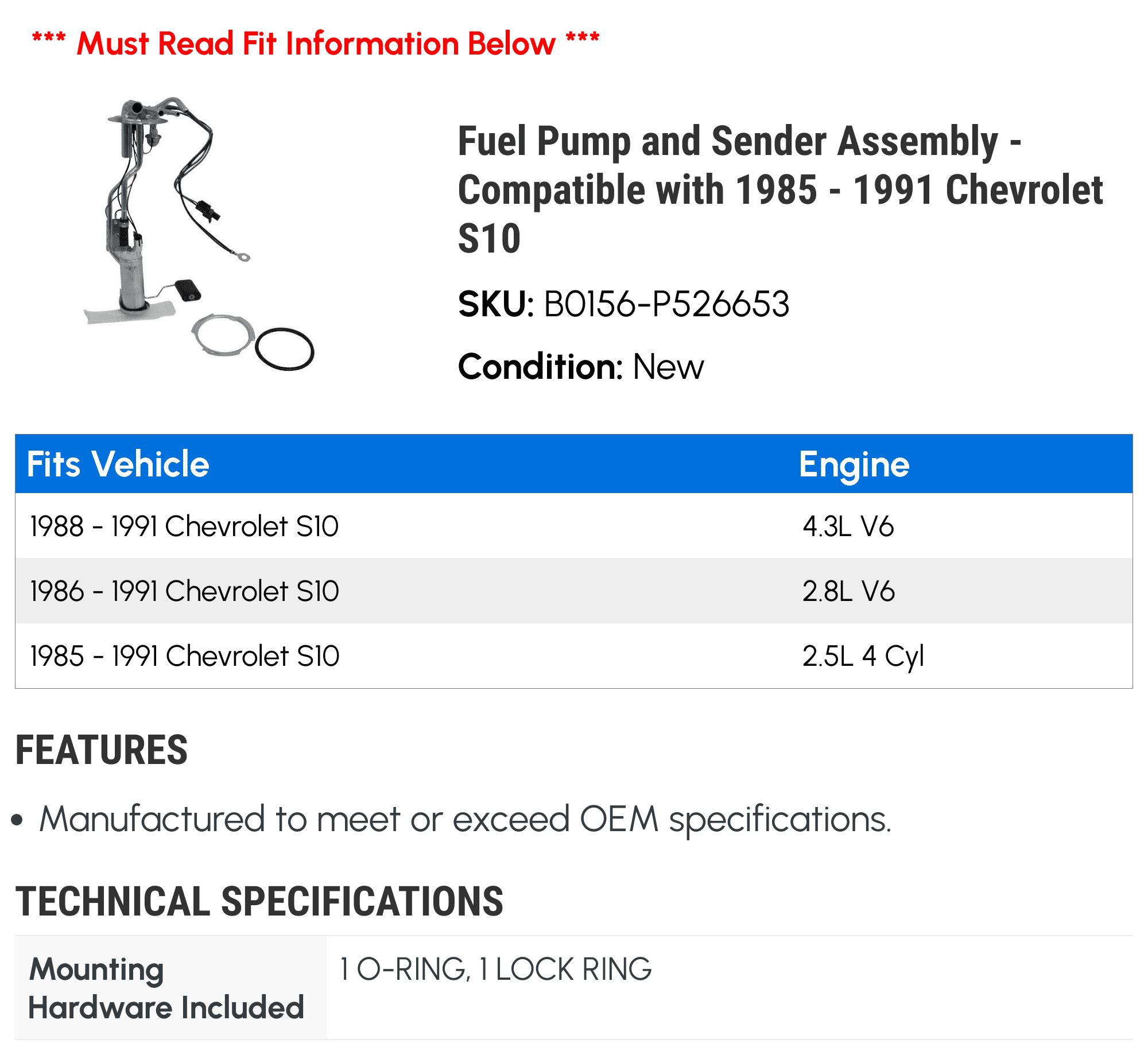 Fuel Pump and Sender Assembly - Compatible with 1985 - 1991 Chevy S10 1986 1987 1988 1989 1990
