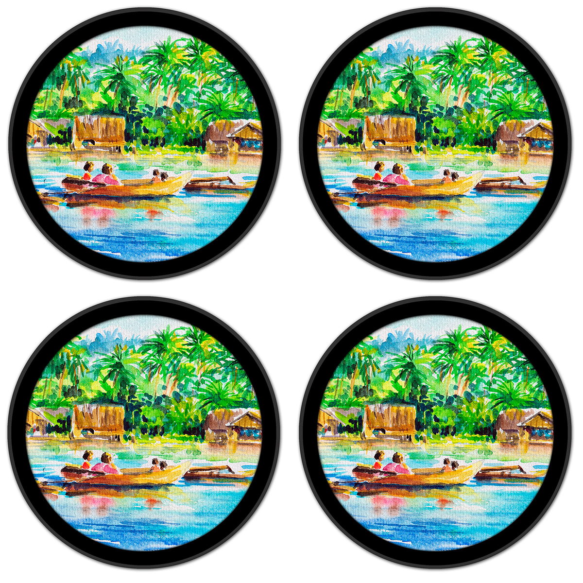 Silicone Non-Slip Drink Coasters with Removable Printed Absorbent Felt Pad - Set of 4 - Canoes on the River
