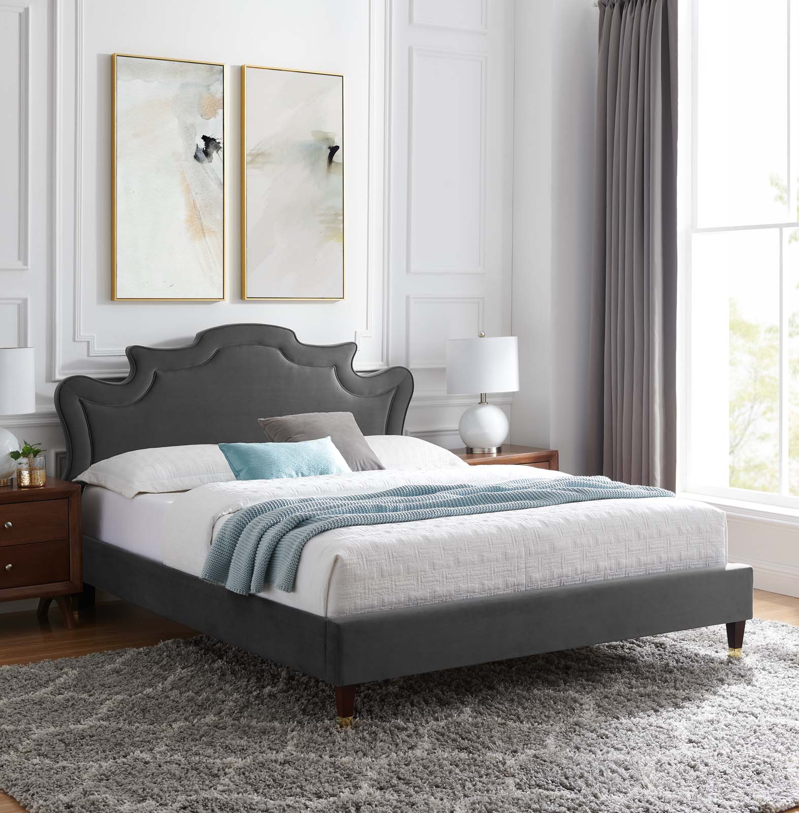 Modway Neena Performance Velvet Queen Bed in Charcoal