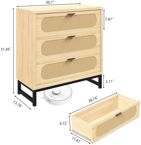 LNboomLife 3 Drawer Dresser  Modern Rattan Dresser Chest with 6 Drawers Accent  Cabinet Modern Bedside Table Golden Handles for Living Room  Bedroom  Entryway (Nature - 2 Pcs)