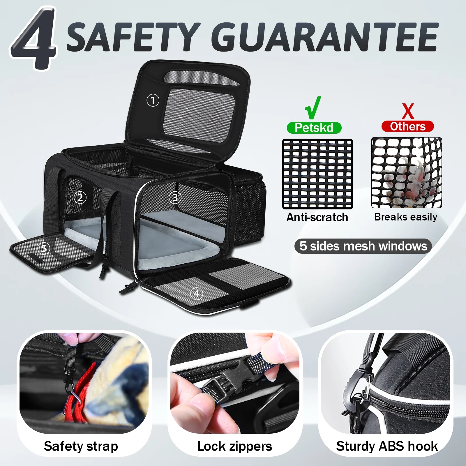 PETSKD Airline Approved Pet Carrier, 17x11x9.5 inches Soft Pet Travel Carrier, Top and Side Expandable Cat Carrier with Fleece Pad for 1-10 lbs Cats, Puppy and Small Dogs, Black