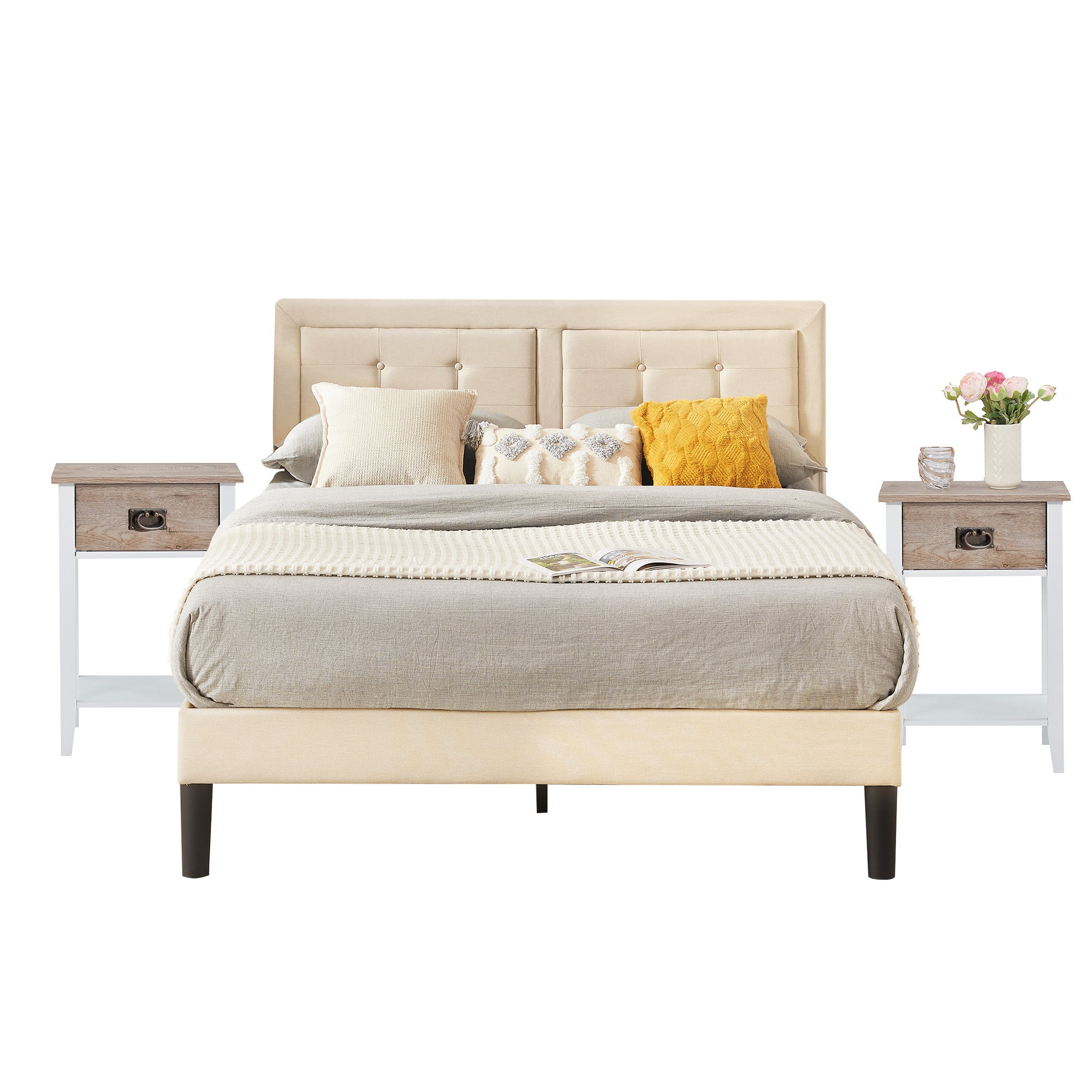 VECELO 3-Piece Bedroom Set Include Upholstered Bed Frame and 2 Nightstands, Full Size, Beige