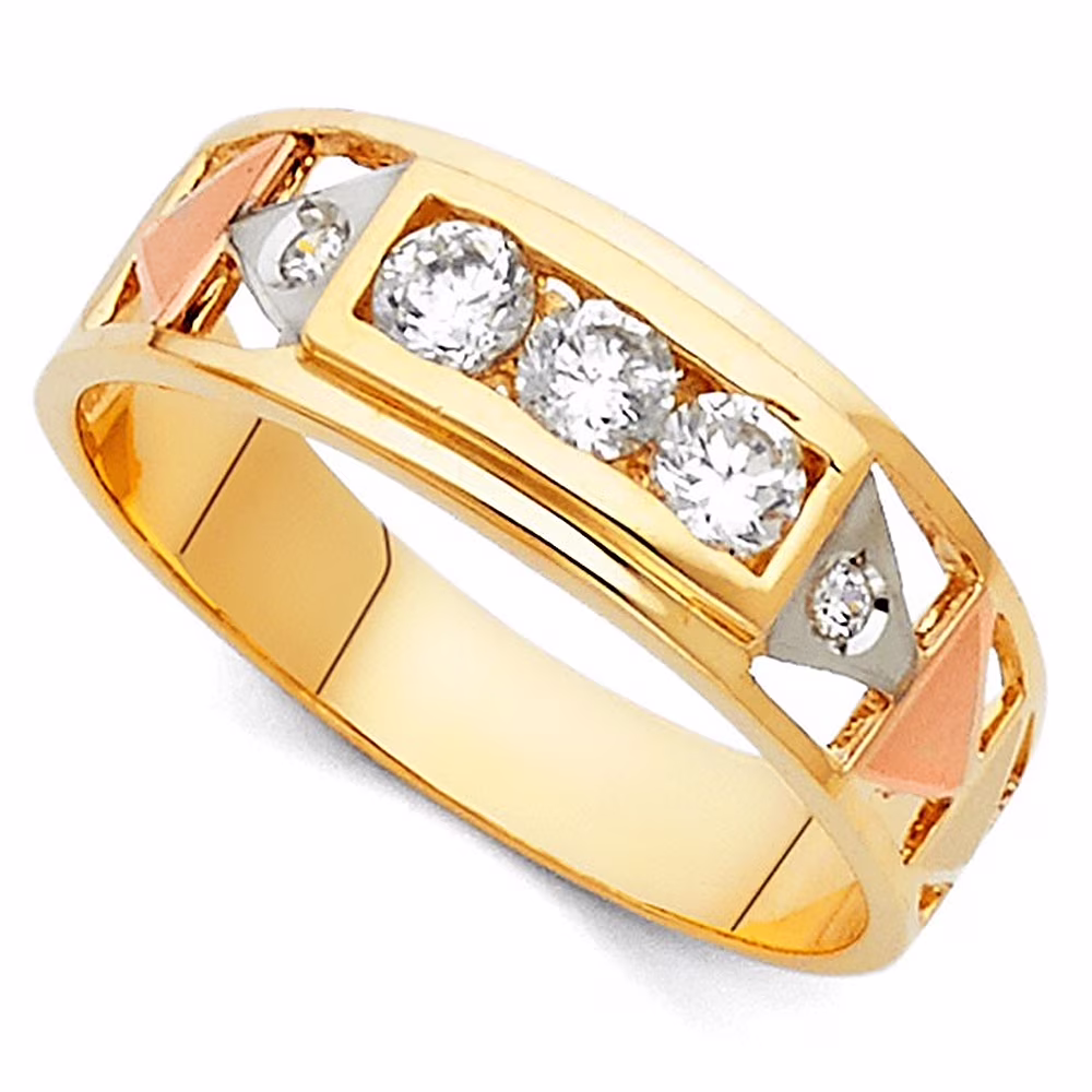 Precious Stars 14K Tri-Color Gold Cubic Zirconia 6-mm Men's Wedding band