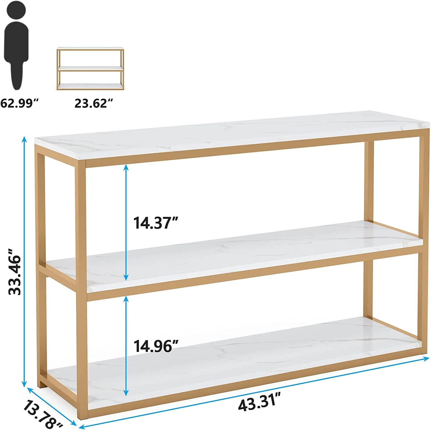 Tribesigns 3 Tier Console Table, Entryway  Hallway Table with Faux Marble Top and Metal Frame, Grey White & Gold