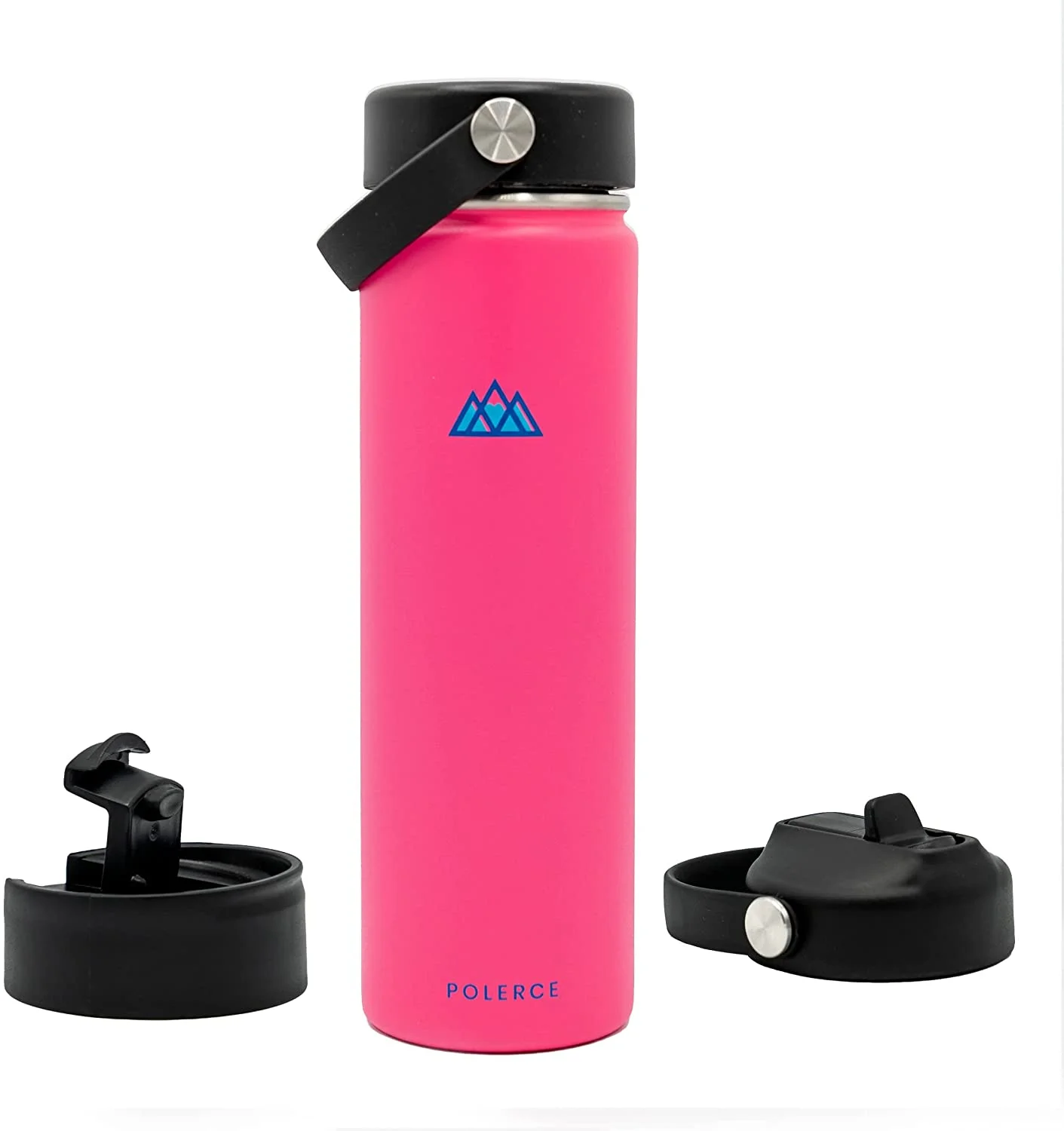 Vacuum Insulated Bottle with 3 Lids - Stainless Steel Thermally Insulated Flask - 21 Fl Oz - Pink - by Polerce
