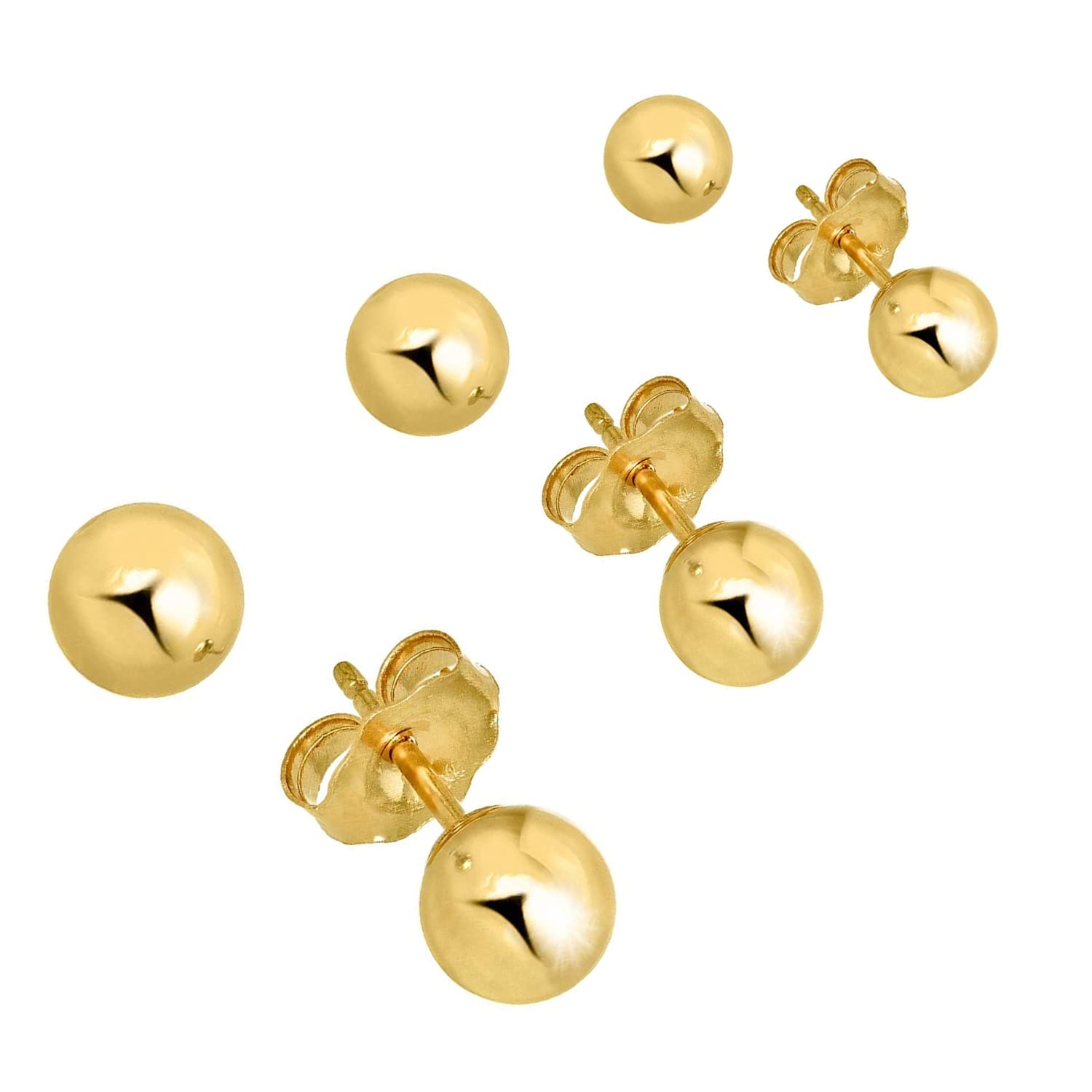 14k Real Yellow Gold 8mm, 9mm, 10mm Ball Stud Earrings 3 pair Set with gold friction back