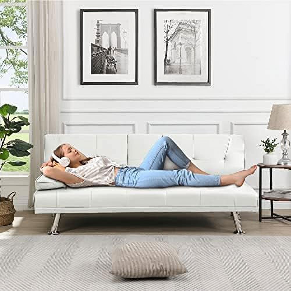 HOOMHIBIU Futon Sofa Bed  Modern Convertible Upholstered Faux Leather Loveseat Sleeper Sofa Couch w/7 Adjustable Positions  Cup Holder for Living Room  Bedroom  Studio  Office  Black