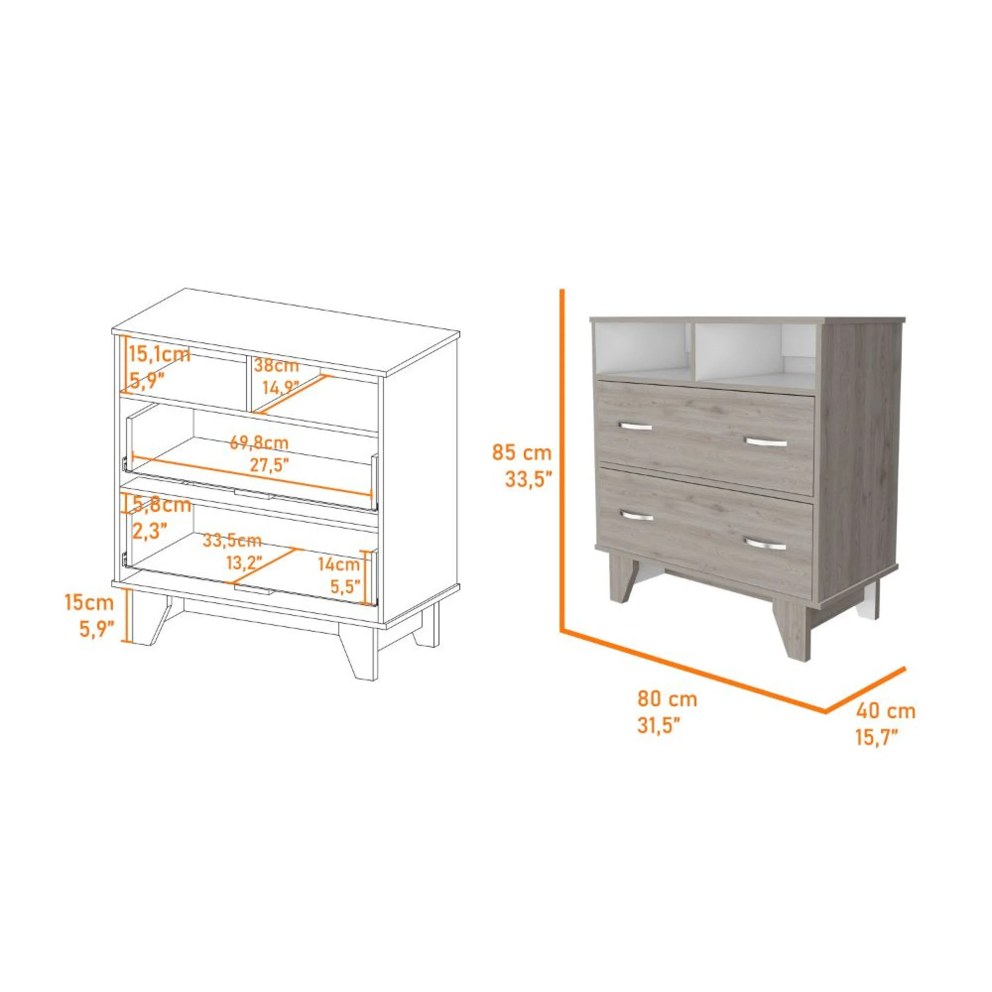 Dawn Whisper Aaron 2-Drawer 2-Shelf Dresser, Light Gray