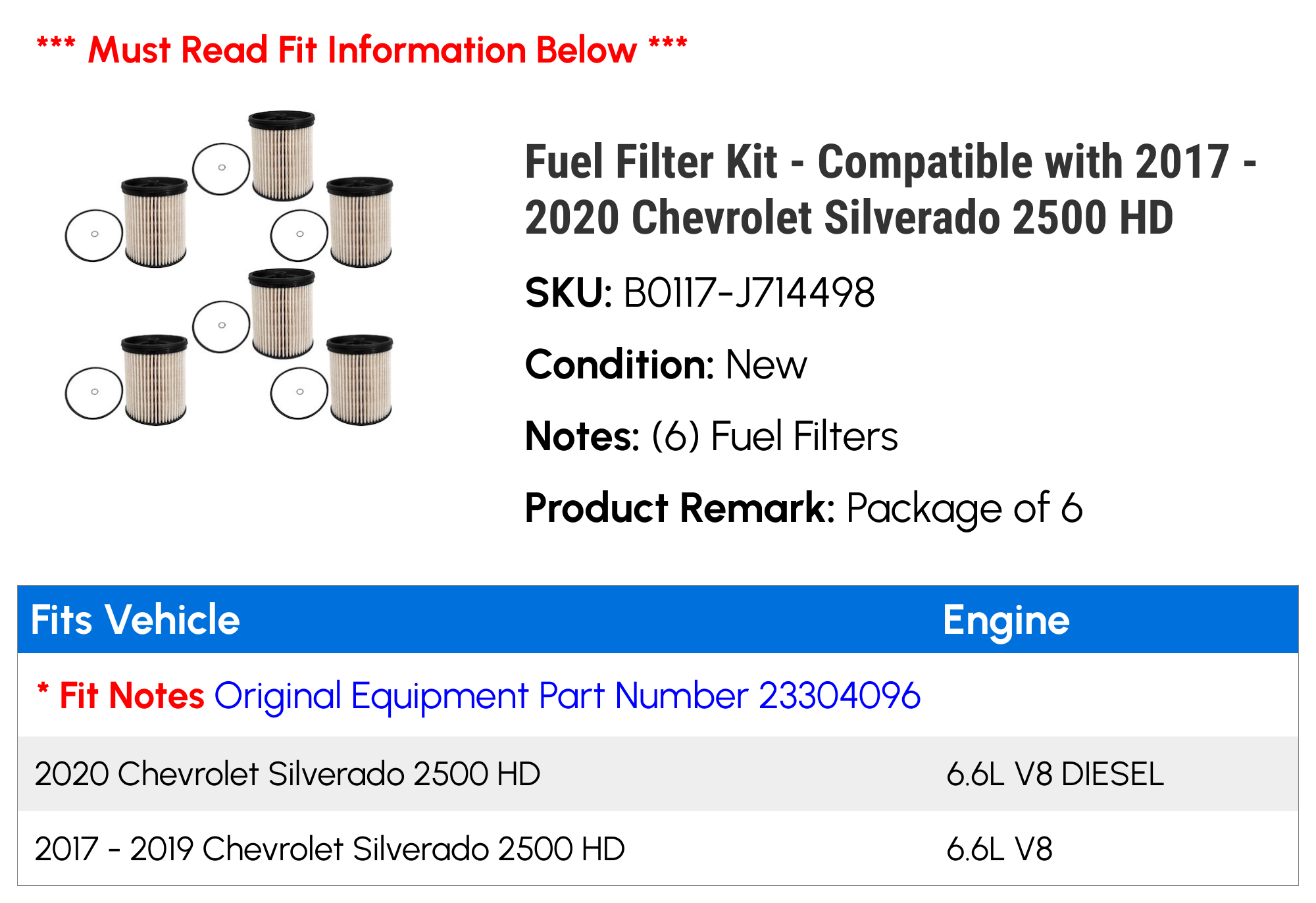 Fuel Filter Kit - Compatible with 2017 - 2020 Chevy Silverado 2500 HD 2018 2019