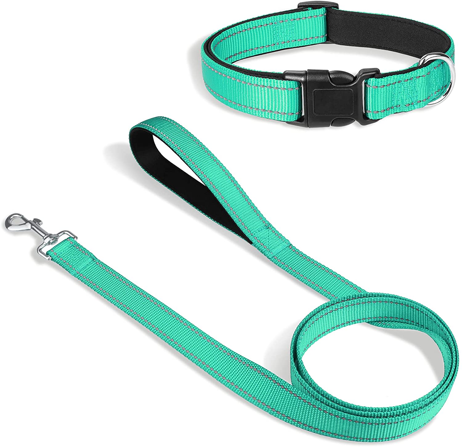 Dog Collar Bundle with 5FTx1 Width Double-Sided Reflective Dog Leash,5FT Nylon Dog Leashes with Nylon Dog Collar for Small Dogs,Teal