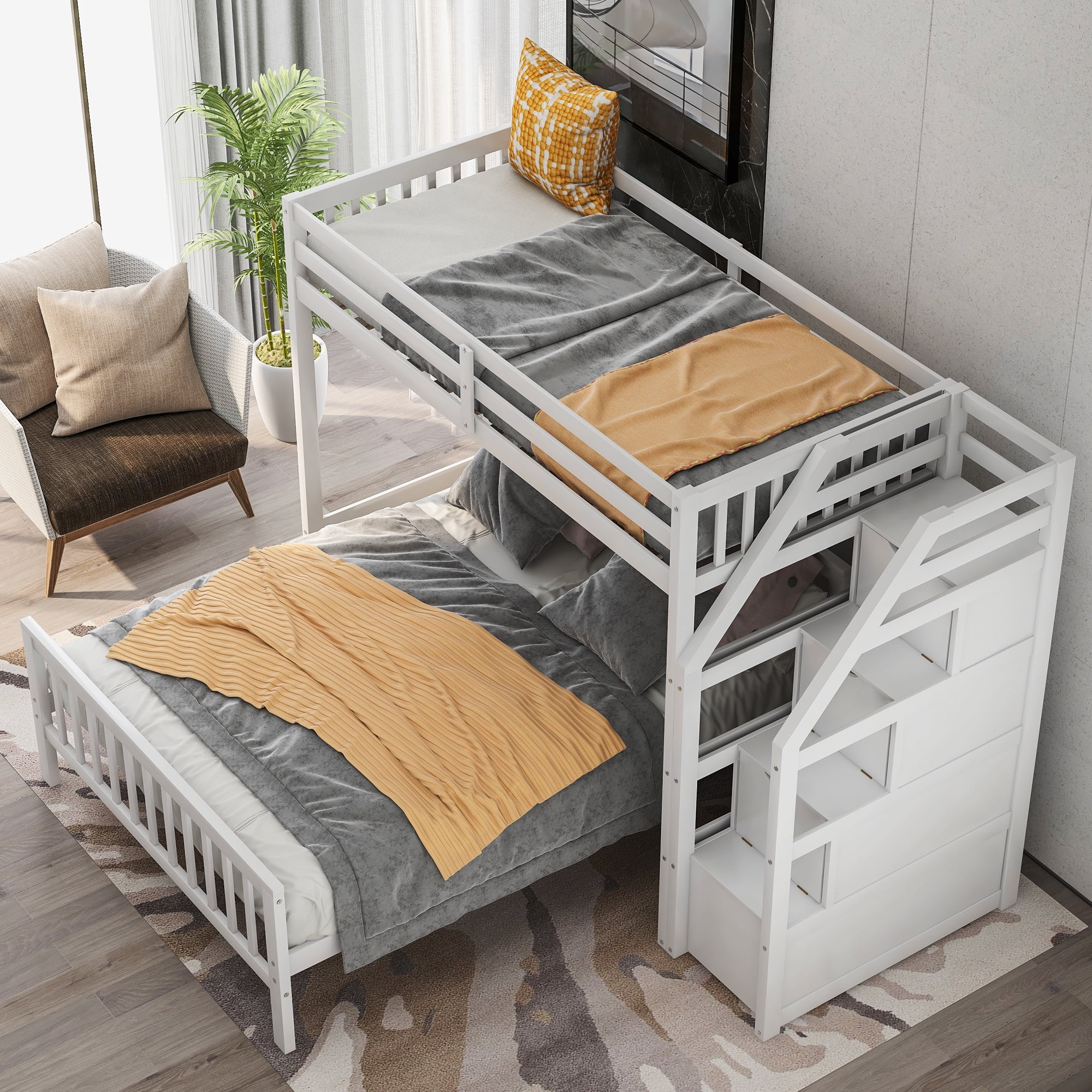 Dcenta Twin over Full Loft Bed with Staircase,White