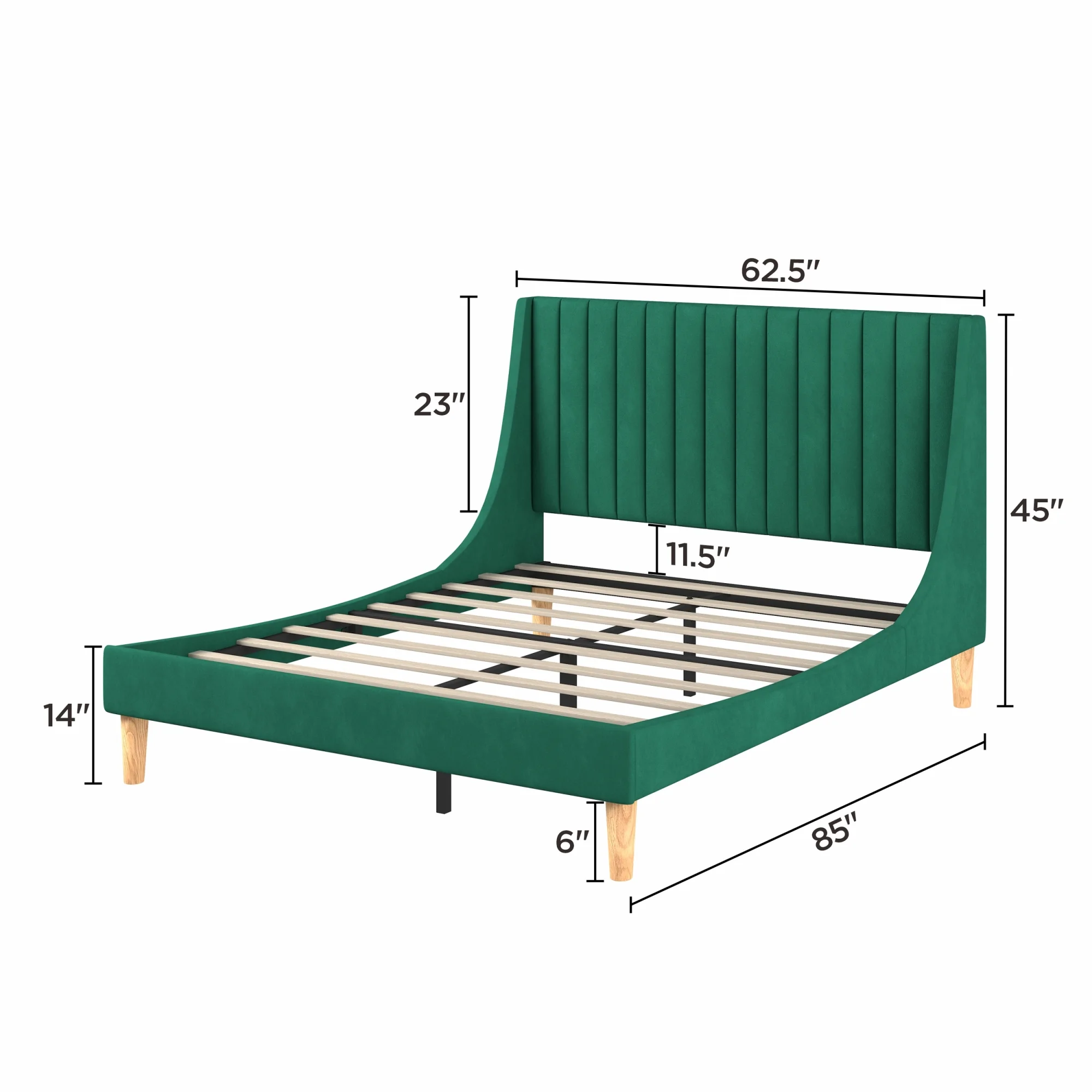 Green Queen Size Platform Bed with Upholstered Headboard, Slat Support, Heavy Duty Mattress Foundation, Easy Assembly