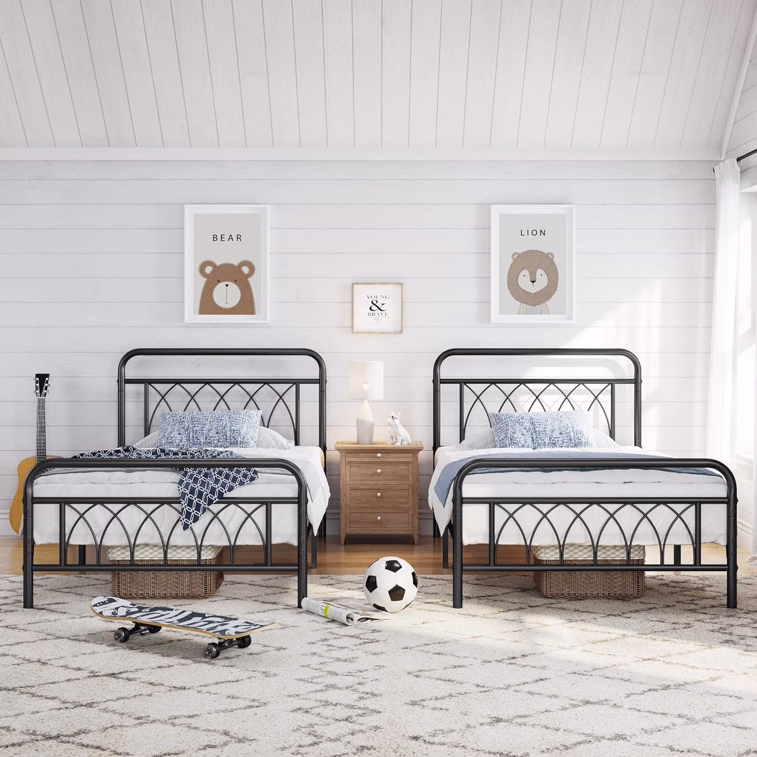 Metal Twin Bed Frames Platform Bed with Petal Accented Headboard and Footboard, Ample Under-Bed Storage, Heavy Duty Steel Slat Support, No Box Spring Needed Black，2 Set