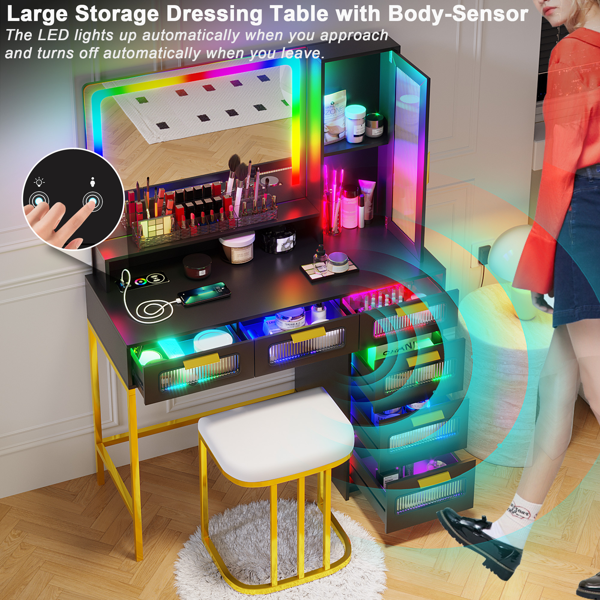 HNEBC Black Vanity Set, Makeup Vanity with Dazzling Lights and 6 Drawers, Makeup Desk with USB/Type-C/Wireless Charging, Dressing Table with Shelves/Cabins/Stool, Vanity Table as Gifts for Girls/Women