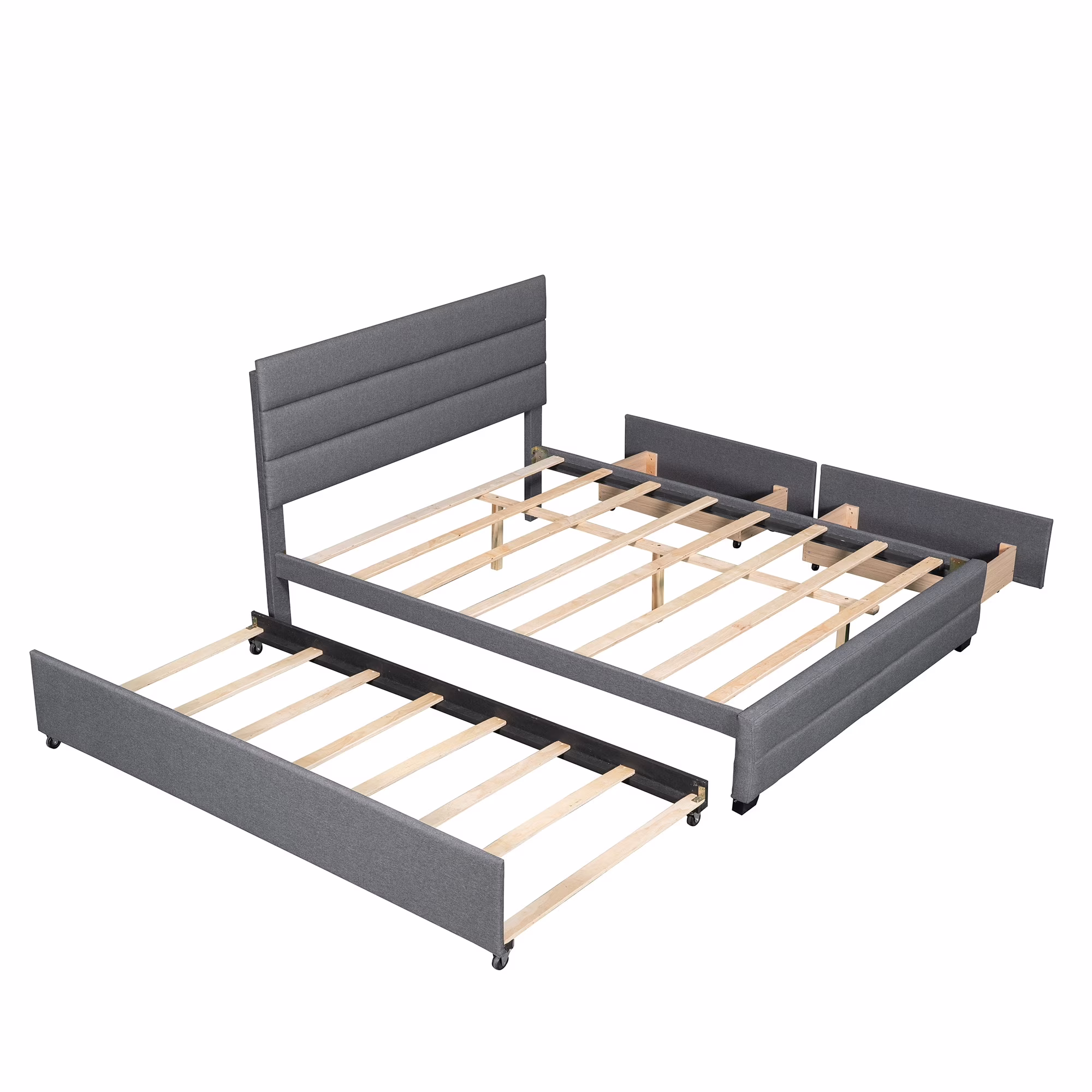 Queen Upholstered Platform Bed with Trundle and Two Drawers Grey