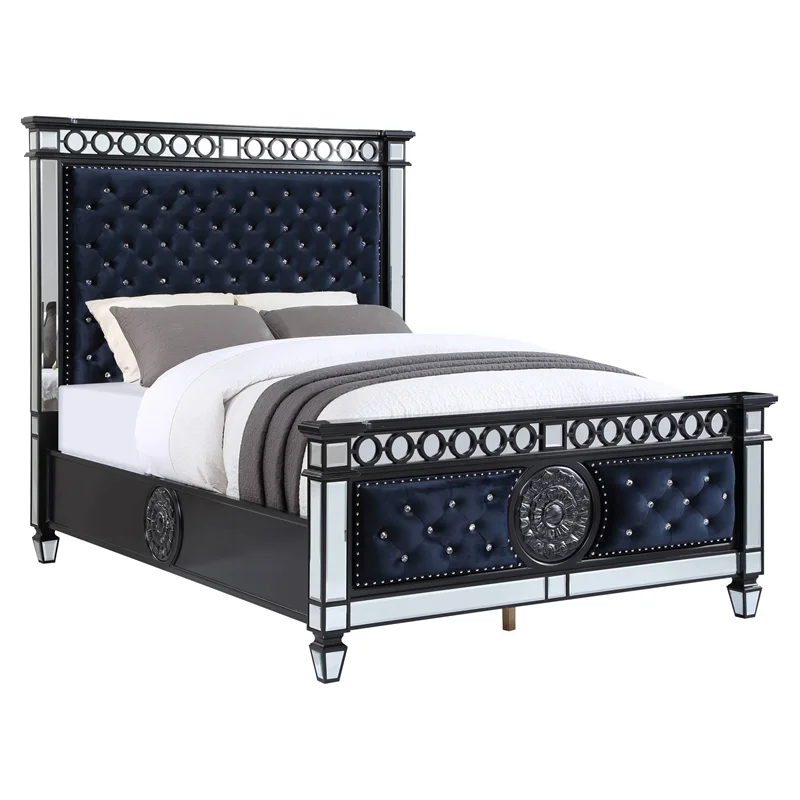 Bowery Hill Traditional Queen Bed in Dark Navy Velvet and Black and Silver