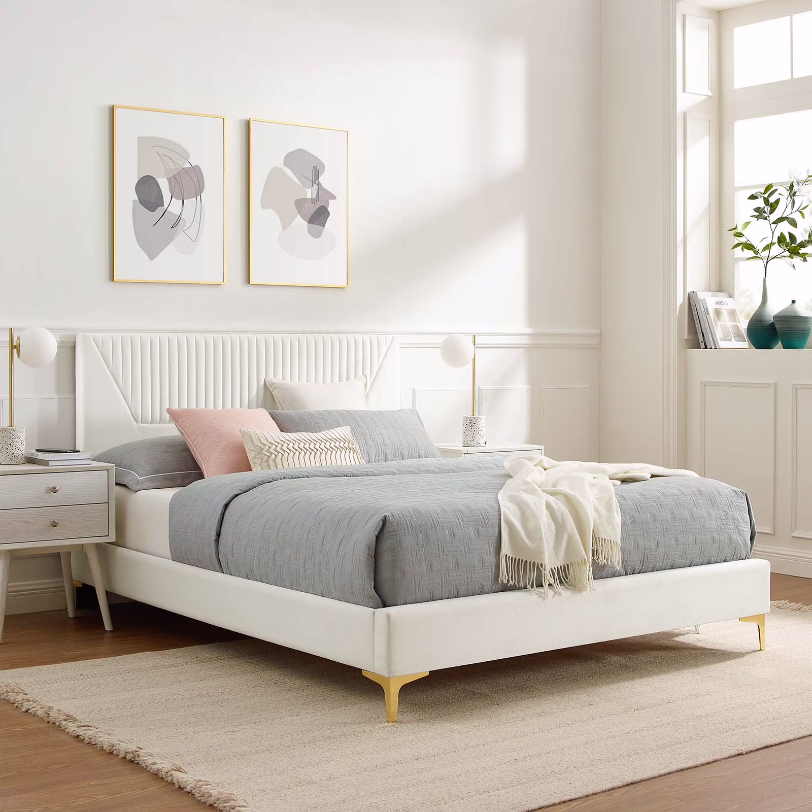 Modway Yasmine Channel Tufted Performance Velvet Queen Platform Bed in White