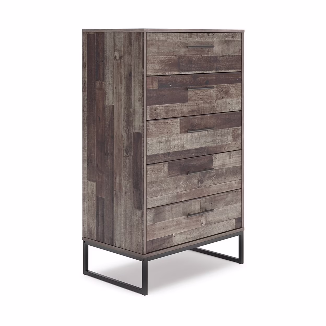 Vyne 51 Inch Tall Dresser 5 Drawers Chest Gray Woodblock Black Metal Base - Saltoro Sherpi