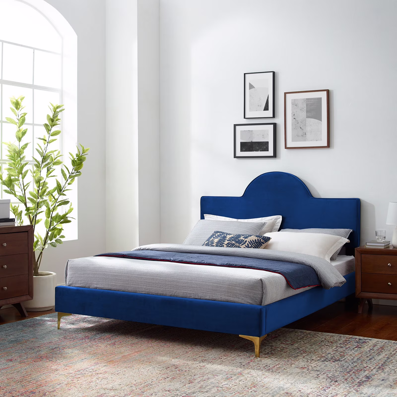 Modway Sunny Performance Velvet Queen Bed in Navy