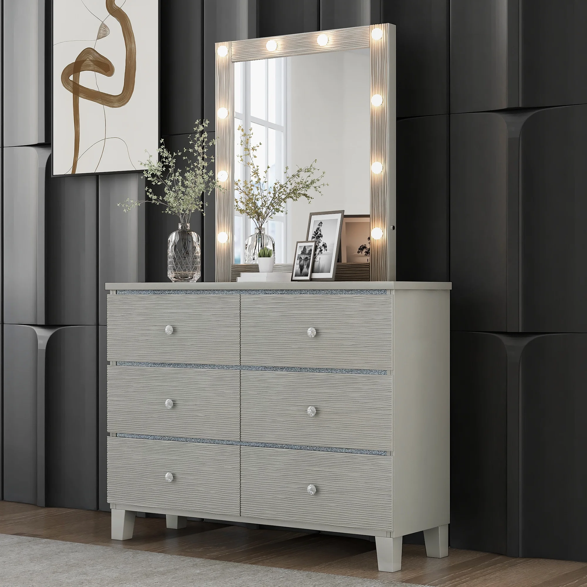 CoSoTower Champagne Silver Rubber Wood Dresser and Mirror with 6 Drawers Metal Slides Crystal Handle LED Lights Mirror