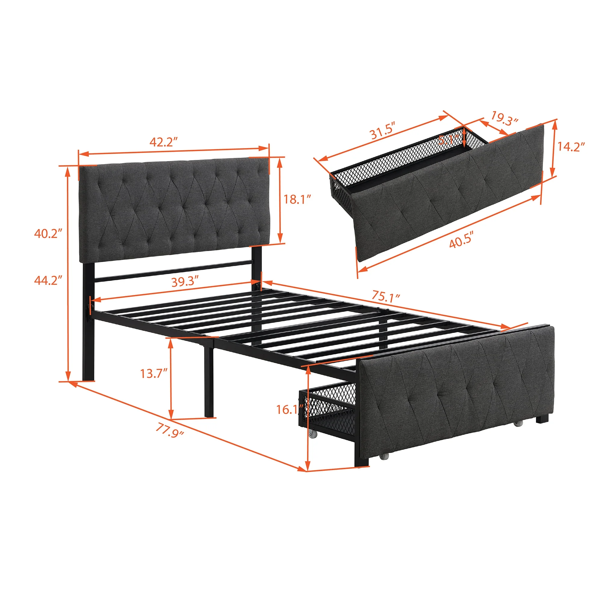 Gray Twin Size Storage Bed Metal Platform Bed with a Big Drawer