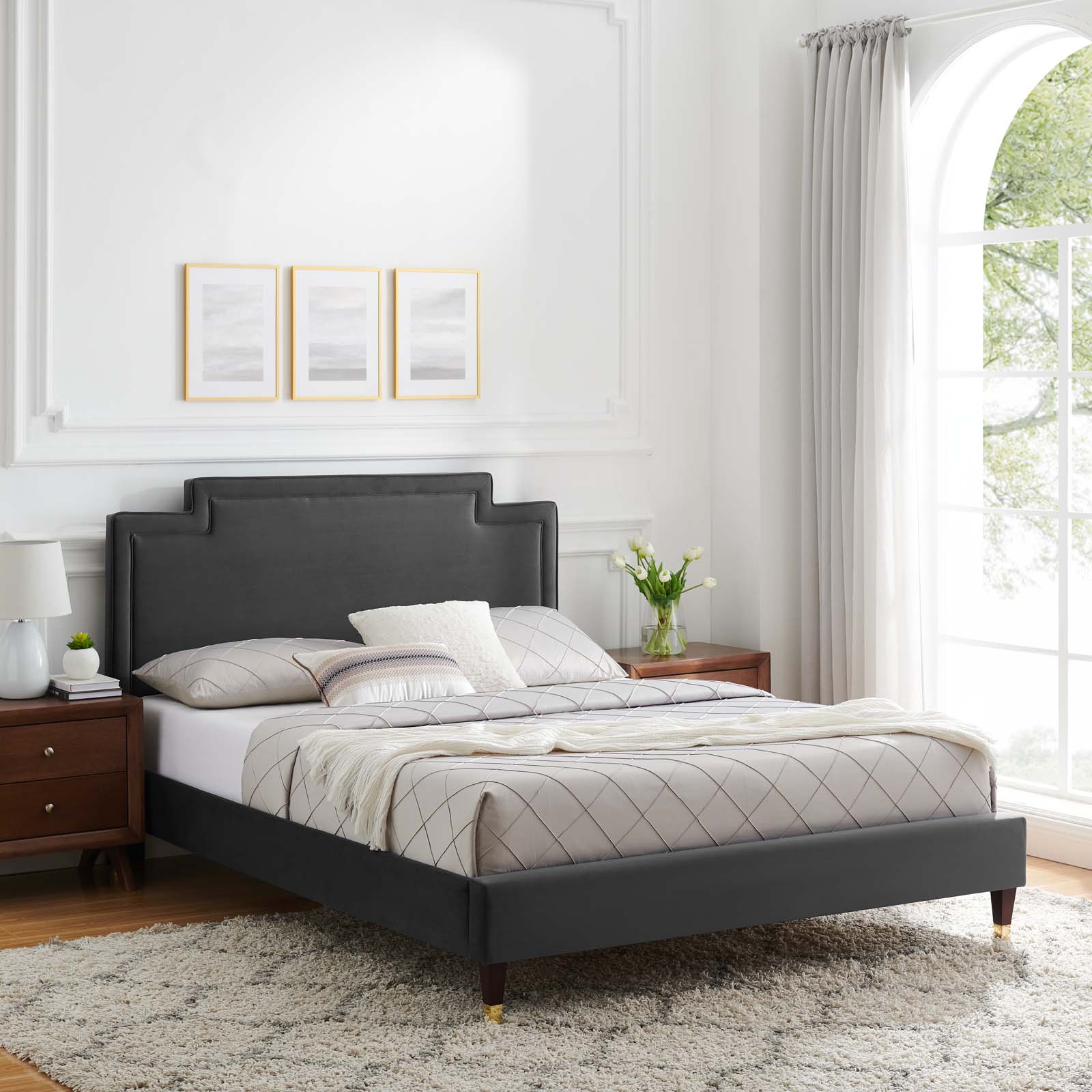 Modway Liva Performance Velvet Queen Bed in Charcoal