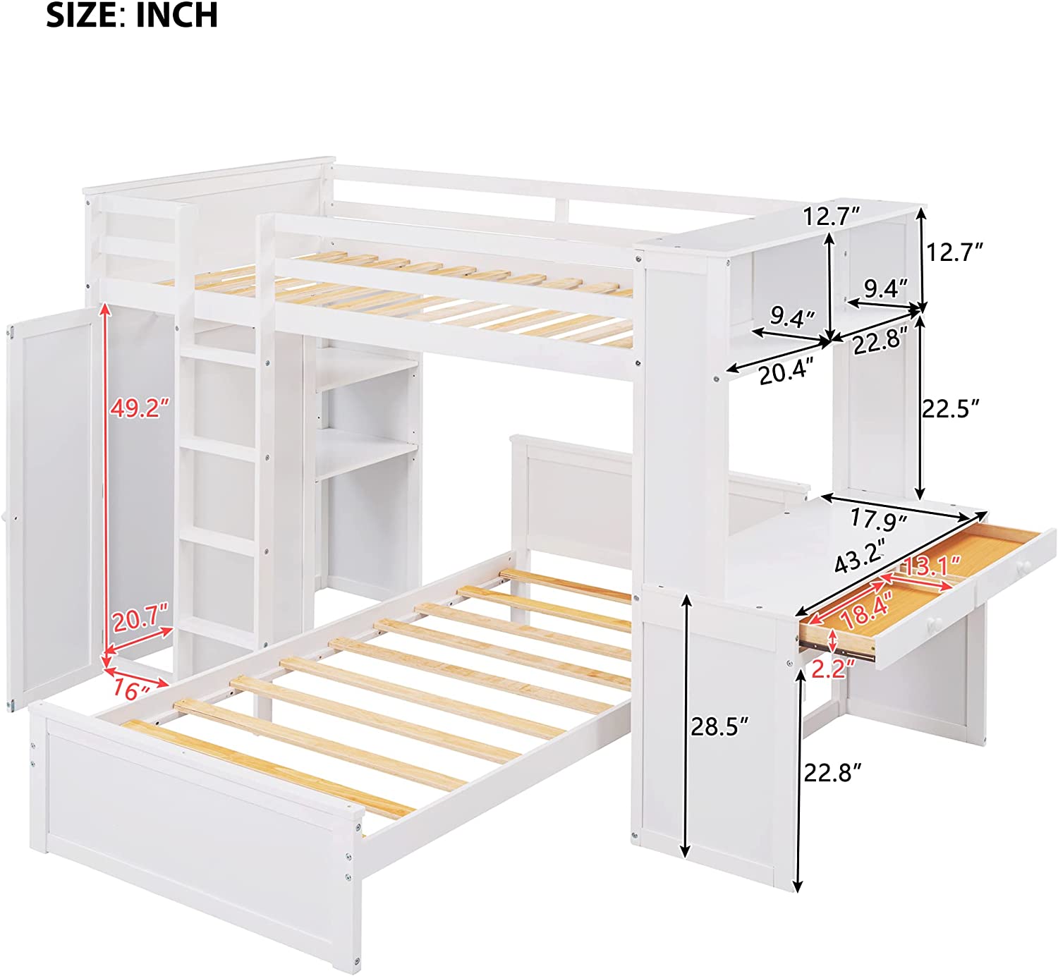 Over Bunk Beds With Desk And Drawers, Wooden Size Loft Bed Removable Wardrobe Shelves Storage Ladder Guardrails For Kids White