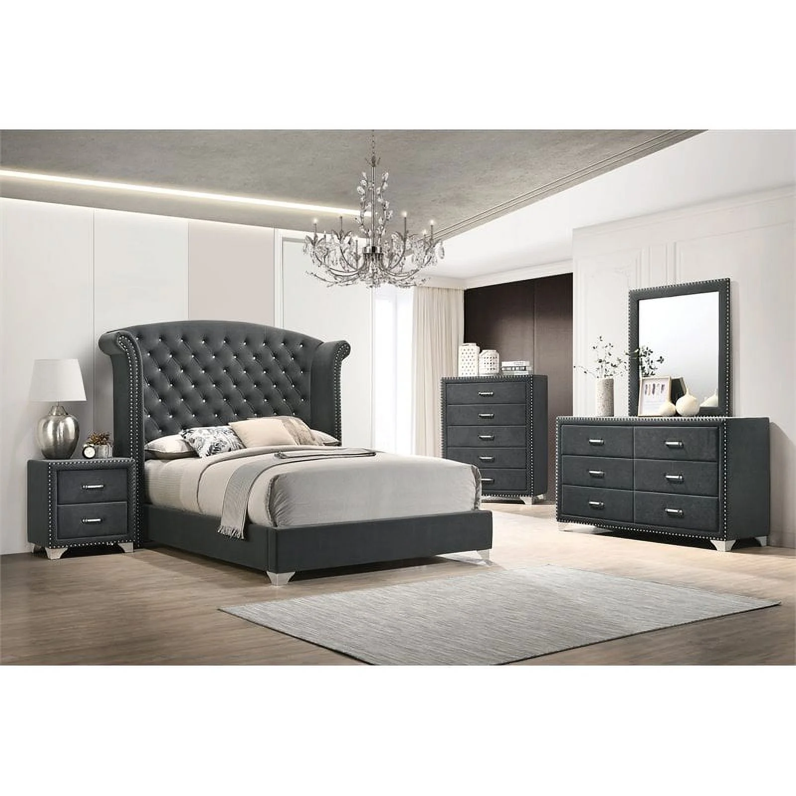 Pemberly Row 4-Piece Contemporary Velvet Eastern King Bedroom Set in Gray