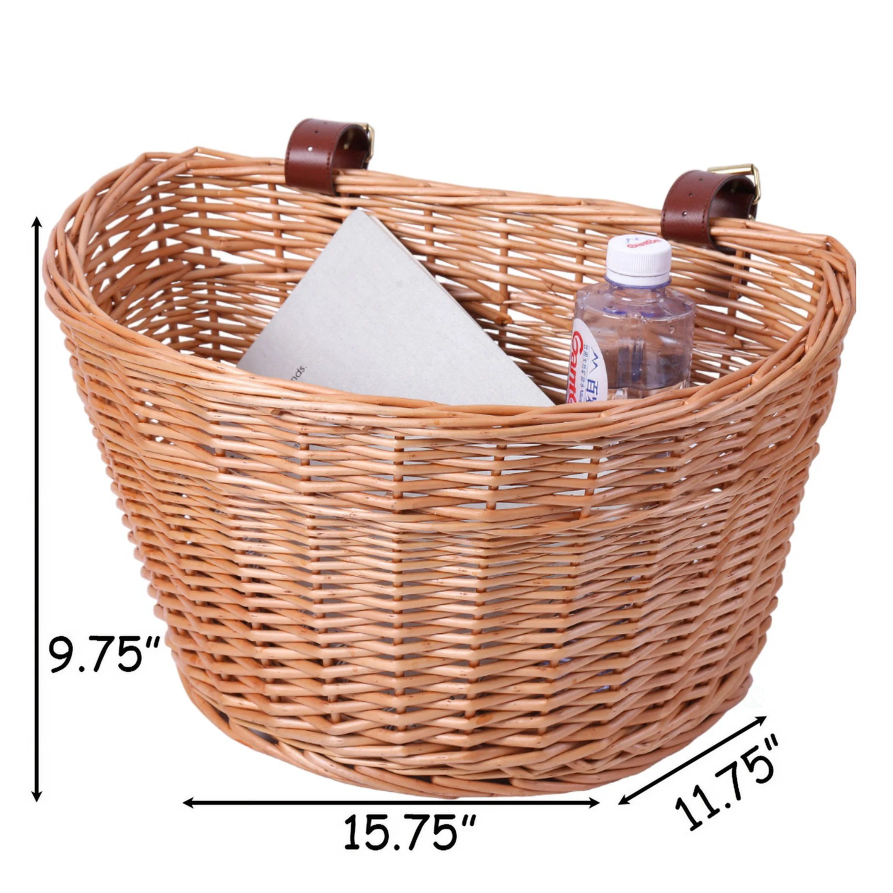 Wicker Front Bike Basket with Faux Leather Straps