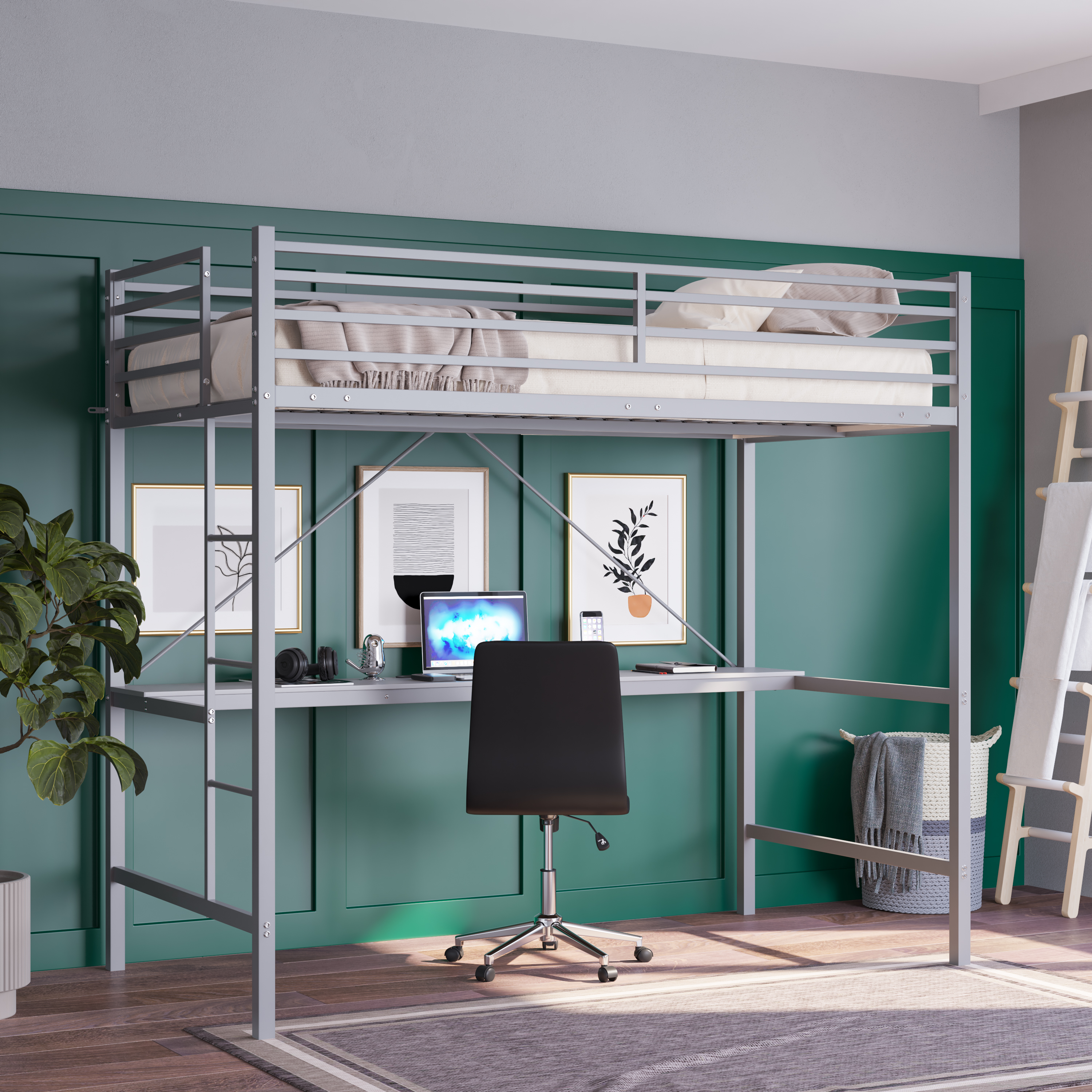 Emma + Oliver Twin Size Loft Bed Frame with Desk, Protective Guard Rails and Ladder in Gray Steel for Kids and Teens