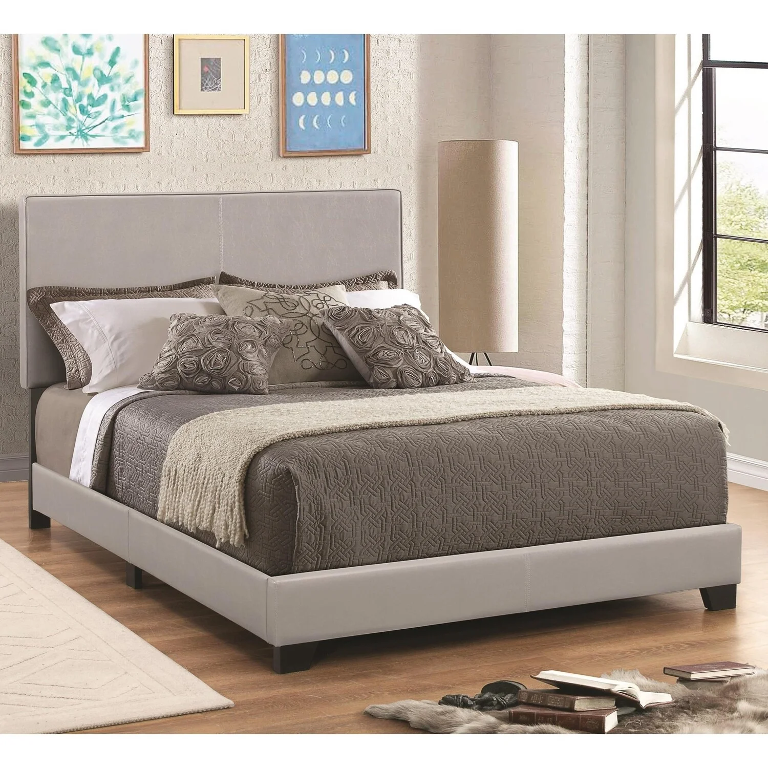 Benzara Leather Upholstered Eastern King Size Platform Bed, Gray-Color:Gray
